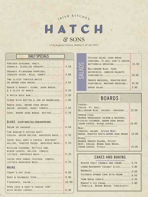 Hatch & Sons Irish Kitchen Kitchen Ireland, Irish Kitchen, Menu Sans Gluten, Menu Design Inspiration, Restaurant Art, Café Design, Menu Layout, Menu Designs, Menu Inspiration