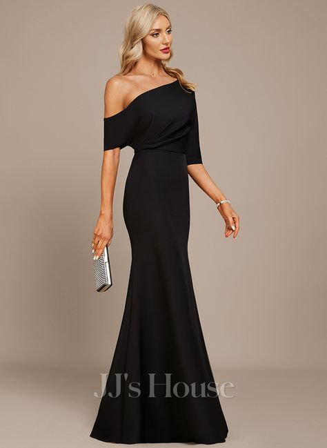 Sheath/Column Asymmetrical Floor-Length Stretch Crepe Evening Dress With Pleated (017271480) - JJ's House Black Formal Dress Long Classy, Black Satin Bridesmaid Dress, Black Tie Dress Wedding, Black Tie Event Dresses, Mom Wedding Dress, Mother Of The Bride Dresses Long, Mother Of Bride Outfits, Formal Wear Women, Women Dresses Classy