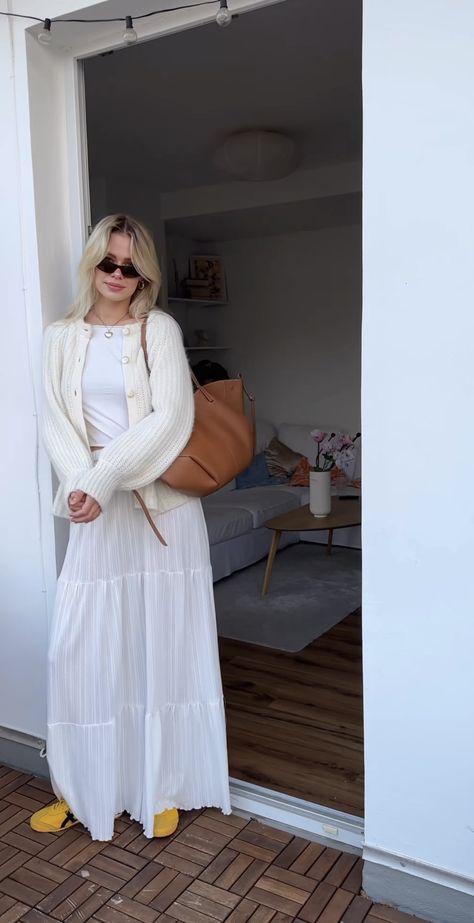 Long Dress And Jumper Outfit, Modest California Outfits, Modest European Fashion, Fall Outfits White Skirt, White Maxi Skirt Winter, White Cardigan With Dress, Modest Europe Outfits, Long Skirt With Cardigan Outfit, White Maxi Skirt Fall Outfit