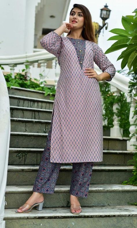 Ajrakh Kurti Designs Latest, Kurti Designs Latest Cotton, Stylish Kurta, Salwar Neck Designs, Indian Kurti Designs, Churidar Designs, Simple Kurta Designs, Designer Kurti Patterns, Simple Kurti Designs