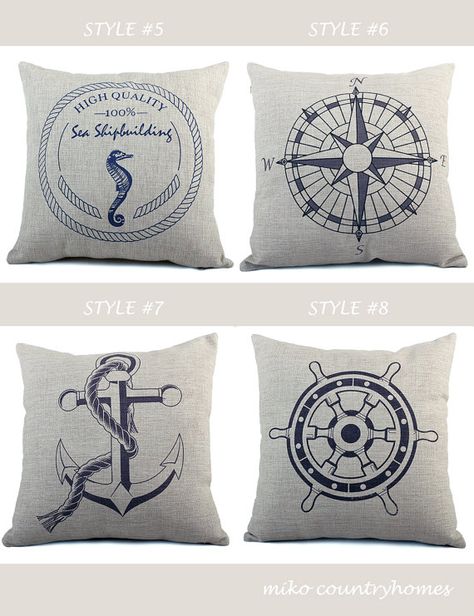 Throw Pillow Cover Nautical Series Nautical by MikoCountryHomes Sailor Decor, Nautical Pillow Covers, Decor Cushions, Nautical Bedroom, Nautical Pillows, Sailboat Design, Compass Design, Ship Wheel, Nautical Anchor