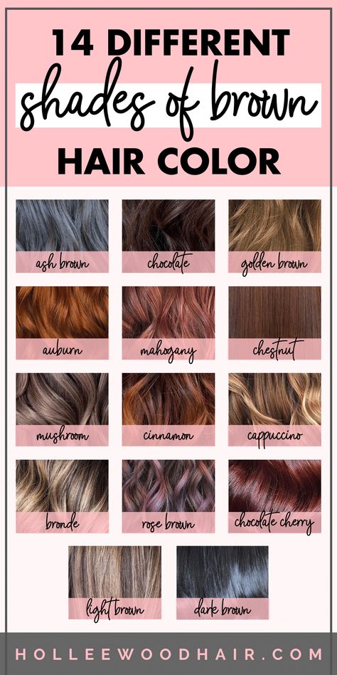 Everyone knows that brunettes do it better, right? But what's the difference between ash brown and mushroom brown hair color? What about brunette hair with highlights vs. multi-dimensional balayage? This shades of brown hair color chart will help you see the difference. These 14 different shades of brown hair dye will blow your mind... #brunette #brownhair #brownhaircolor #haircolor Good Hair Colours For Brunettes, Shades Of Highlights Brunettes, Hair Color Shades Of Brown, Different Hair Dye Styles Brown, Shades If Brown Hair Color, Mushroom Brown Hair Color Box Dye, Hair Colors Brown And Blonde, Ash Brown Vs Mushroom Brown, Light Shades Of Brown Hair Color