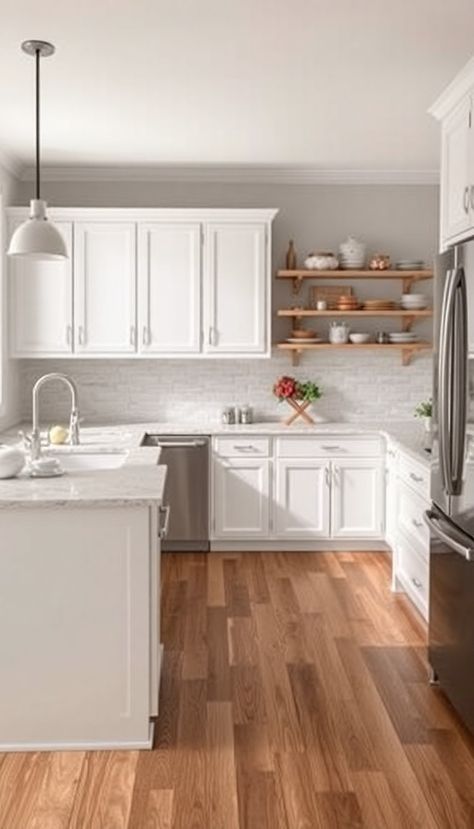 19 Flooring Ideas That Perfectly Match White Kitchen Cabinets - DIYCozy: Nails, Decor, DIY, Gardening, Holidays Floors With White Kitchen Cabinets, White Kitchen Dark Floors, Blue Gray Kitchen Cabinets, Farmhouse Kitchen Flooring, Kitchen With White Cabinets, Grey Kitchen Walls, Grey Blue Kitchen, Cherry Floors, Gray Porcelain Tile