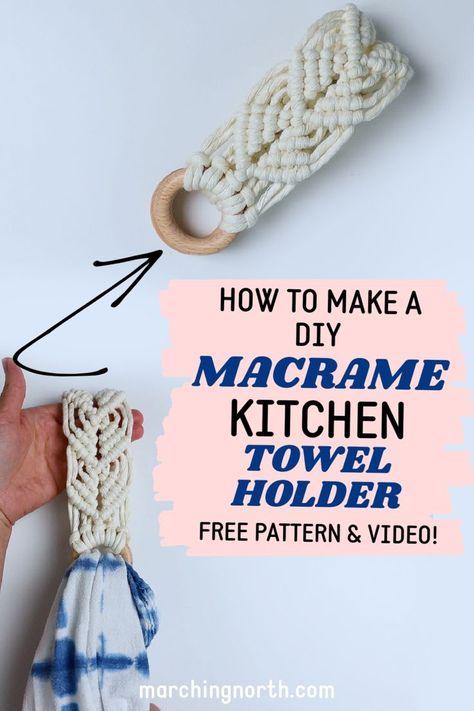 Learn how to make a pretty macrame kitchen towel holder in this step by step free pattern, tutorial and video! | free macrame patterns | macrame tutorial | diy kitchen decor | boho kitchen Macrame Kitchen Towel Holder, Macrame Towel Hanger, Macrame Kitchen, Towel Holder Diy, Kitchen Organizing Ideas, Diy Macrame Earrings, Chunky Yarn Blanket, Free Macrame Patterns, Kitchen Towel Holder