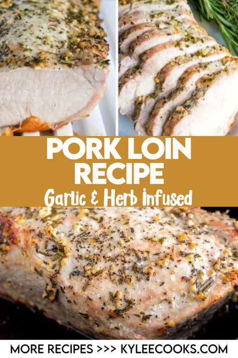 An image of Pork Loin sliced on a white plate Rosemary Garlic Pork Roast, Garlic Pork Loin Recipes, Pork Loin Ninja Foodi Recipe, Seasoning For Pork Loin, Pork Loin Recipes Healthy, Center Cut Pork Loin Recipes, Pork Loin Rib Roast, Pork Loin Center Roast, Garlic And Herb Pork Tenderloin