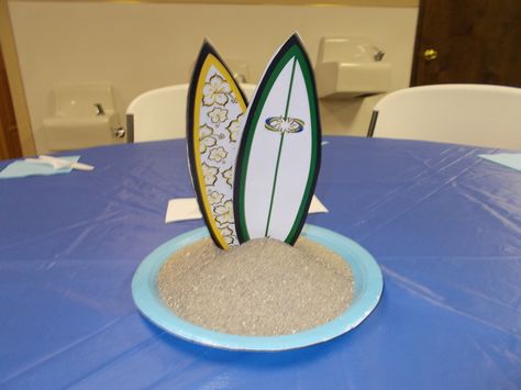 Simple table decorations! Surfboards stuck in real sand! Mini Surfboard, Surfer Party, Surfboard Table, Simple Table Decorations, Simple Table, Sand Castle, The Sand, 3rd Birthday, Surfboard