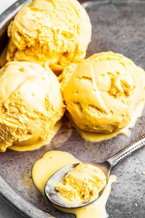 Dairy Free Mango Ice Cream, Vegan Mango Ice Cream, Homemade Mango Ice Cream, Mango Ice Cream Recipe, Protein Ice Cream Recipes, Ice Cream Photography, Easy Ice Cream Recipe, Mango Ice Cream, Mango Sorbet