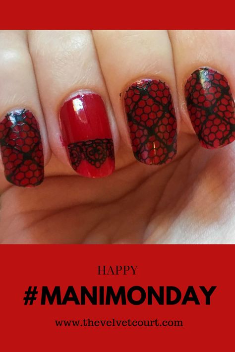 Recreate this red and black lace nail art stamping design using Born Pretty stamping plate and polish and Relvon Colorstay Gel Envy "Queen of Hearts" in today's edition of #manimonday. Red And Black Lace Nails, Red Lace Nails, Stocking Nails, Black Lace Nail Art, Lace Nail Design, Lace Nail Art, Black Stocking, Nail Art Stamping, Lace Nails