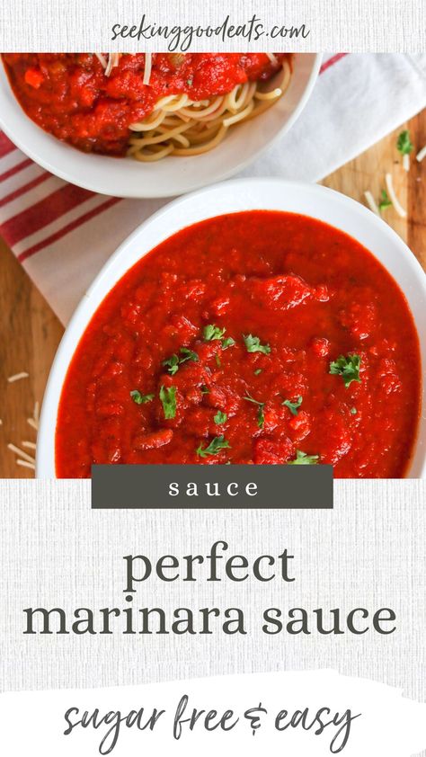 Everybody needs a basic go-to marinara sauce in their life. This is it. It's simple to make on the stovetop, AND you can make it ahead and freeze it if you like! You'll love this pasta sauce recipe for spaghetti and meatballs (or any favorite pasta). Perfect in lasagna or as a dip for mozzarella sticks, fried cheese curds, or garlic bread sticks. This recipe has no added sugar - , it's a low-carb and keto spaghetti sauce recipe. Sugar Free Spaghetti Sauce, Keto Spaghetti Sauce, Keto Spaghetti Sauce Recipe, Garlic Bread Sticks, Keto Spaghetti, Lasagna Stuffed Peppers, Recipe For Spaghetti, Fried Cheese Curds, Marinara Sauce Recipe