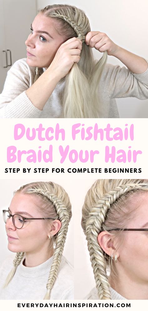 Dutch fishtail braids Diy Fishtail Braid, Fishbraid Hairstyles, How To Fishtail Braid Your Own Hair, How To Do A Fishtail Braid, Dutch Fishtail Braid Tutorial, Double Dutch Fishtail Braid, Fishtail Braid How To, Fishtail Dutch Braid, Beginner Hairstyles