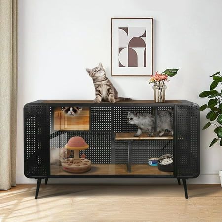 Description: Color: Black+Brown Material: Fir Wood+Iron Frame+Tempered Glass Product Dimension: 55.12"L x 22.83"W x 29.92"H Weight Capacity: Top Board: 110 lbs, Cabinet shelf: 60 lbs Assembly Required: Yes Package Number: 1 Kind Remind: 1. Manual measurement has been used, there may be some reasonable error. 2. Product pictures are for reference only.Real product's color may be a little different from the image due to the lighting or monitor's display. 3. Due to the large size of the product and Outdoor Cat House, Pet Kennels, Cat Cages, Tempered Glass Door, Cat Condo, Living Room Hallway, Modern Cat, Fir Wood, Cat Room