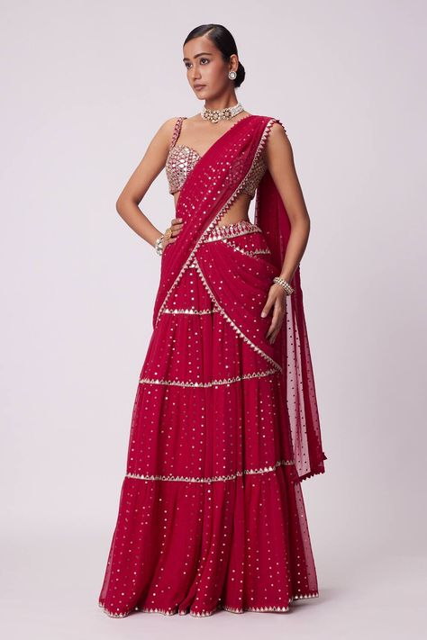 Red georgette embroidered tiered lehenga saree Tiered Lehenga, Vani Vats, Embroidery Mirror, Sari Design, Mirror Embroidery, Weddings Receptions, Red Lehenga, Indian Wedding Wear, Red Saree