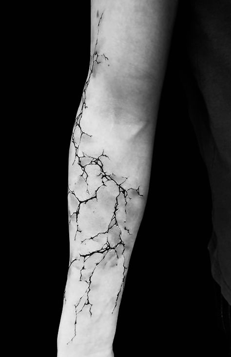 Skin Cracking Tattoo, Cracking Skin Tattoo, Cracked Stone Tattoo, Cracked Earth Tattoo, Tattoo Cracked Skin, Decay Tattoo Ideas, Shattered Tattoo Designs, Cracking Tattoo Design, Cracks Tattoo Design