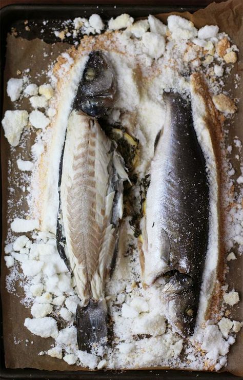 Baked Branzino Recipe, Baked Branzino, Encrusted Fish, Salt Baked Fish, Branzino Recipe, Cooking Pork Roast, Salt Fish, Salted Fish, New Years Appetizers