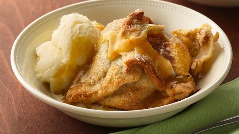 Blanket peach filling with easy-to-use refrigerated pie crust to make these tempting dumplings.  Served with peachy sauce and ice cream, they're irresistible! Sausage Pancakes, Peach Dumplings, Fuzzy Navel, Homemade Pancake Recipe, Fruit Pastries, Homemade Pancakes, What's For Breakfast, Breakfast Pancakes, Dessert Dishes