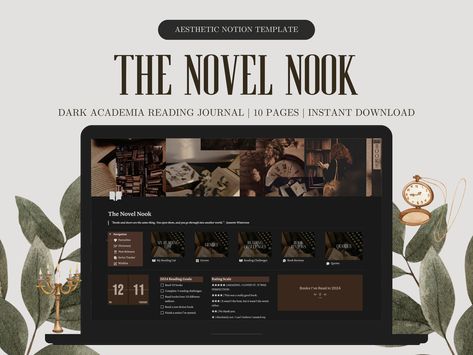 Notion Reading Journal, Dark Academia Notion Digital Reading Journal Template, Dark Academia Notion Template, Journal Template Aesthetic, Dark Academia Reading, Journal Dark Academia, Dark Academia Notion, Academia Notion, Reading Journal Template, Journal Notion