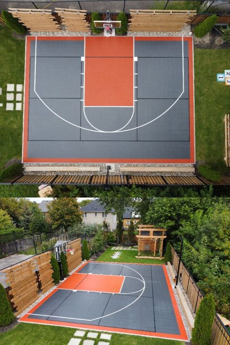 This is a 30’ x 40’ mulit-game court with Graphite and Texas orange SnapSports DuraCourt tiles and LED court lighting 🏀 Ruang Tamu Outdoor, Backyard Court, Indoor Sports Court, Home Basketball Court, Basketball Court Backyard, Backyard Sports, Backyard Basketball, Outdoor Basketball Court, Backyard Plan