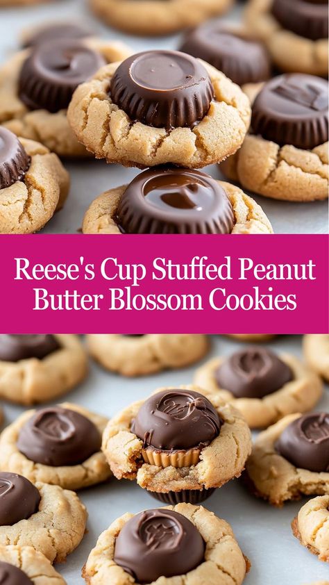 Indulge in Peanut Butter Bliss with Reese’s Cup-stuffed Peanut Butter Blossom Cookies—sweet, savory, and absolutely irresistible! 🍫🥜 #PeanutButterBliss #ReesesCupCookies #CookiePerfection #BlossomDelight #PeanutButterLovers #SweetAndSavory #UltimateTreat #ChocolateLovers #BakingMagic #CookieGoals 🍪✨ Reese's Peanut Butter Cup Cookies, Reeses Cookies, Peanut Butter Blossom, Peanut Blossoms, Peanut Butter Blossom Cookies, Peanut Butter Cup Cookies, Chewy Peanut Butter Cookies, Blossom Cookies, Peanut Butter Cookie Dough