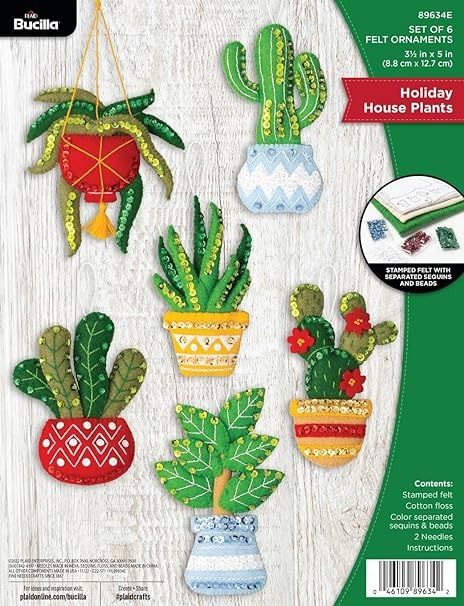 Amazon.com: Bucilla Felt Applique 6 Piece Ornament Making Kit, House Plants, Perfect for DIY Arts and Crafts, 89634E, Holiday Houseplants Plaid Online, Felt Ornaments Diy, Felt Crafts Christmas, Felt Christmas Decorations, Unique Houseplants, Felt Ornament, Felt Embroidery, Holiday House, Felt Decorations