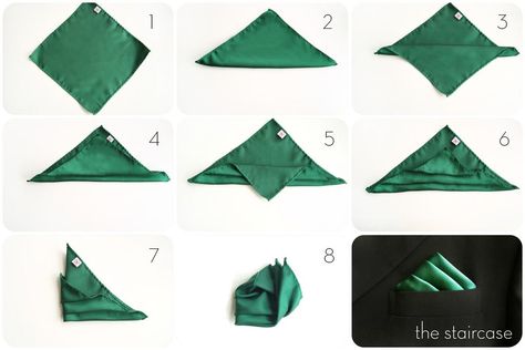 how to fold a pocket square: staircase fold - Henkaa Square Staircase, Handkerchief Folding, Pocket Square Rules, Simpul Dasi, Pocket Square Folds, Green Pocket Square, Pocket Square Styles, Pocket Square Wedding, Pocket Handkerchief