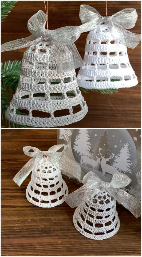 Crochet Beautiful Bells For Christmas - We Love Crochet Crochet Bells Pattern Free, Crochet Christmas Bells Pattern Free, Crochet Christmas Bells, Crochet Christmas Decorations Free, Crochet Bells, Crocheted Ornaments, Wedding Charms, Xmas Bells, Crochet Bell