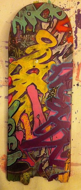 Reskew'd Deck 6157  Spraypaint and acrylic on broken skateboard Spray Painted Skateboard, Painting On Skateboard, Painted Skateboard Decks, Broken Skateboard, Painted Skateboard, Blind Skateboards, Tape Art, Skateboard Art, Local Art