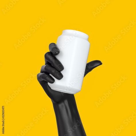 Stock Image: Black abstract hand gesture holding white can isolated on yellow backgrounds, display beverage banner mockup, soda drink advertising creative design concept, 3d rendering Hand Holding Soda Can Reference, Holding Drink Reference, Hand Holding Drink, Drink Advertising, Yellow Backgrounds, Banner Mockup, Advertising Creative, Soda Drink, Hand Gesture