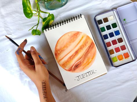 Jupiter Watercolor, Jupiter Drawing, Jupiter Art, Blue Skye, Dream Dream, Drawing Journal, Watercolour Art, Easy Paintings, Drawing Techniques