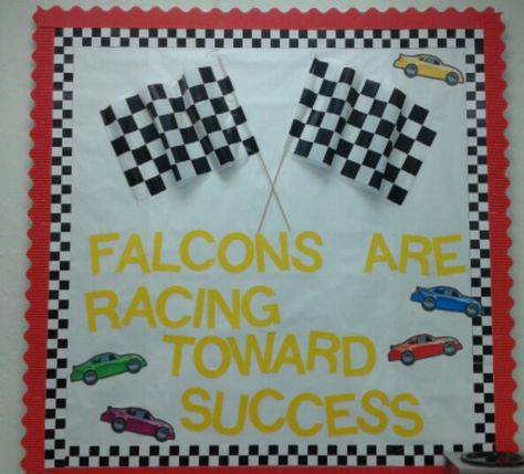 Racing toward success! Race Theme Classroom, Disney Cars Classroom Theme, Race Car Bulletin Board Ideas, Movie Bulletin Boards, Dr Seuss Classroom Theme, Preschool Transportation Crafts, Race Theme, Preschool Transportation, Dr Seuss Classroom