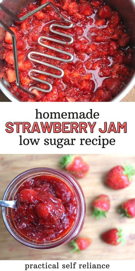 Strawberry Jam Recipe Canning Low Sugar, Home Made Strawberry Jam, Low Sugar Strawberry Jam Recipe, Strawberry Basil Jam, Low Sugar Jam Recipes, Preserving Fruit, Low Sugar Jam, Food Canning, Canned Strawberries