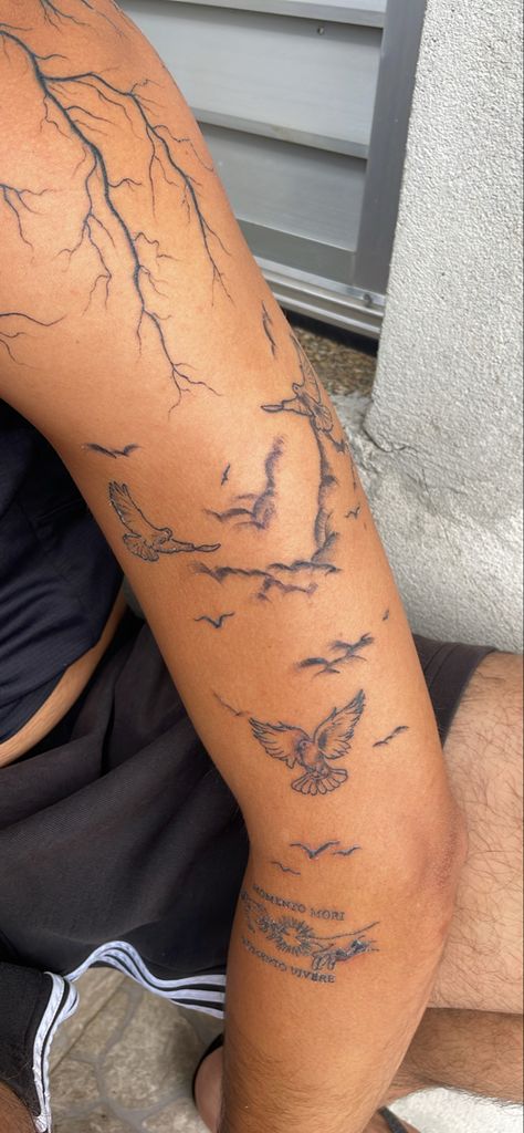 Full Arm Lightning Tattoo, Lighting Tattoo On Leg, Lighting Design Tattoo, Cloud Tattoo Arm, Sleeve Tattoos Clouds, Lighting Tattoo Men, Clouds And Lightning Tattoo, Mens Arm Sleeve Tattoos Ideas Unique, Cloud Shading Tattoo