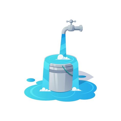 Illustration fill the bucket until it overflows. vector image. Water Overflowing Drawing, Bucket Drawing, Storing Water, Water Illustration, Bucket Filling, Water Drawing, Water Pictures, Drawing Cartoon Characters, Water Tap