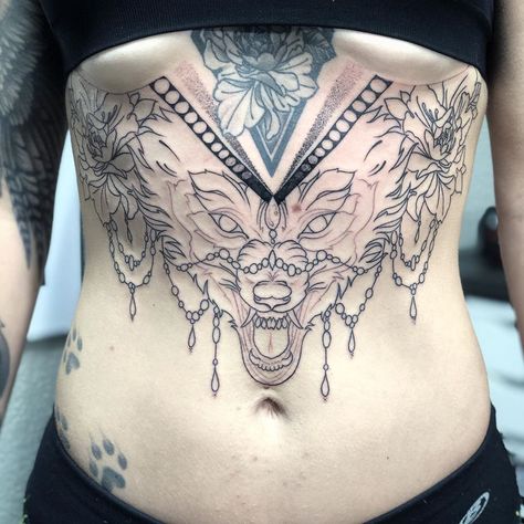 Wolf Stomach Tattoo Woman, Neotraditional Stomach Tattoo, Female Stomach, Tummy Tattoo, Stomach Tattoos Women, Stomach Tattoo, Underboob Tattoo, Stomach Tattoos, Wolf Tattoo