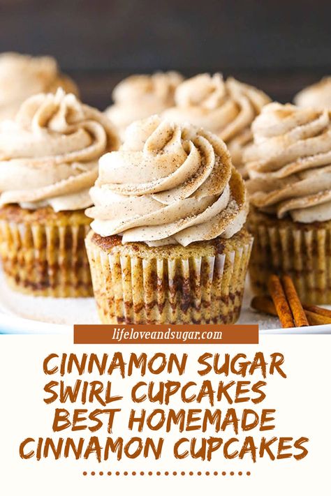 image Recipe: These Cinnamon Sugar Swirl Cupcakes have cinnamon in the cupcake batter and layers of cinnamon sugar in the cupcake. They're topped with an irresistible homemade cinnamon frosting! Cinnamon Frosting, Cinnamon Cupcakes, Swirl Cupcakes, Cinnamon Chips, Cinnamon Sugar, Cupcake Recipes, Low Fat, Frosting, Cinnamon