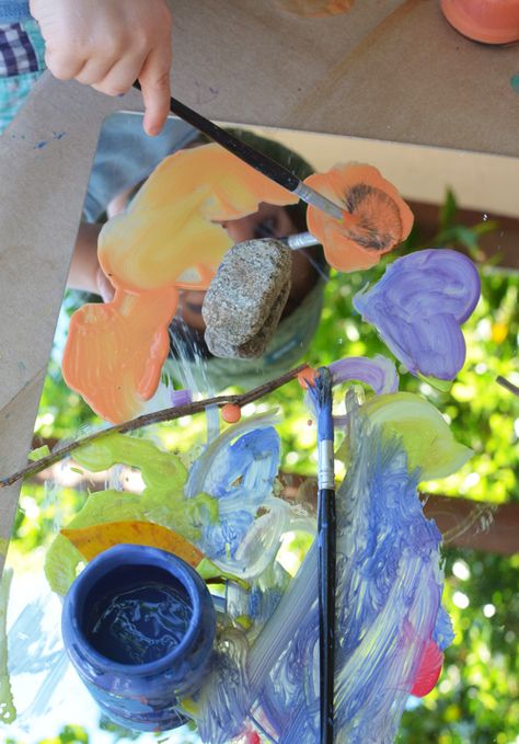 Reggio Inspired Mirror Nature Painting for Toddlers - Meri Cherry Santa Math, Painting For Toddlers, Meri Cherry, Painting Outside, Open Ended Art, Infant Lesson Plans, Family Day Care, Farm Preschool, Math Center Activities