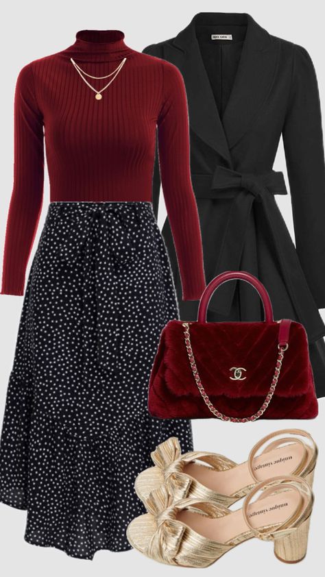 #redandblack #redaesthetic #skirt #fancy #glam #modestfashion #gold #churchoutfit #christiangirl #holiday #christmas #winteroutfit #outfitinspo #burgundy Meeting Outfit, Modesty Outfits, Midi Skirt Outfit, Cute Modest Outfits, Modest Fashion Outfits, Fall Fashion Outfits, Business Casual Outfits, Girly Outfits, Casual Style Outfits