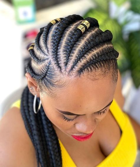 Spiraled Ghana Braids Style Thick Cornrows, Braid Hair Ideas, Braids To Try, Ghana Braid Styles, Goddess Braid Styles, Ghana Braids Hairstyles, Feed In Ponytail, Natural Braided Hairstyles, Ghana Braids