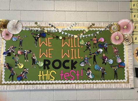 We will rock this test bulletin board - Spring Resource Round-Up - Apples and ABC's Rockstar Poses, Testing Bulletin Boards, State Testing Motivation, Test Review Games, School Wide Themes, Test Posters, Testing Encouragement, Creative Bulletin Boards, Elementary Bulletin Boards