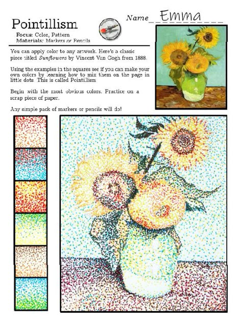 Van Gogh Sunflowers color template. Teach color theory in a fun and approachable way. These templates begin with an outline that is pre-drawn. Look great on a class wall! A simple introduction to color theory, and the pointillism technique. Colors are mixed using simple markers in your classroom. A template outline is included. Van Gogh Worksheet, Visual Elements Art, Pointillism Art Projects, Pointilism Art Ideas, Van Gogh Art Lesson, Color Theory Projects, Pointalism Art, Art Oil Pastel, Oil Pastel Techniques