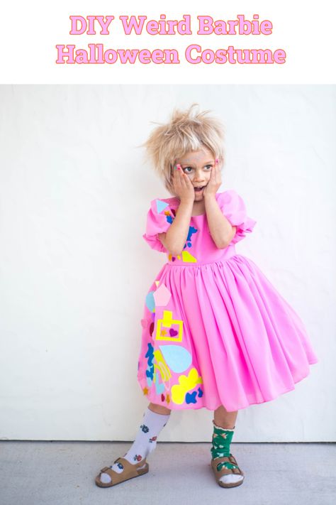 We created the cutest weird barbie costume with sick on felt shapes, and a Pink Puff Dress. Vintage Barbie Costume, Barbie And Ken Costume, Weird Barbie, Crazy Halloween Costumes, Zombie Halloween Costumes, Barbie Halloween Costume, Crazy Dresses, Barbie Kids, Barbie Halloween