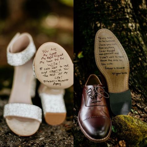 Vows On Shoes, Wedding Shoe Message, Wedding Shoes Writing Messages, Wedding Shoe Writing, Really Cool Wedding Ideas, Writing On Wedding Shoes, Writing On Bottom Of Wedding Shoes, Wedding Ideas Sentimental, Wedding Photo Ideas Shoes