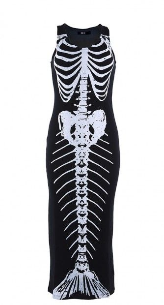 The Bone Deep Maxi Dress is a must have for all you mermaid loving ladies with an alternative edge! Halloween Zoo, Skeleton Dress, Mermaid Skeleton, Punk Rock Outfits, Estilo Rock, Mermaid Life, The Skeleton, A Skeleton