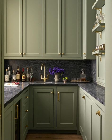 bar • Instagram Katie Davis Design, Sage Green Kitchen Cabinets, Katie Davis, Green Countertops, Sage Green Kitchen, Green Kitchen Cabinets, Kitchen Refresh, Kitchen Cabinets Decor, Cozy Living Spaces