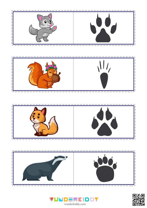 An educational game for children from 4 years old «Animal footprints» will help to revise and supplement kids` knowledge about animals. During the game, children will develop logical thinking and memory.  Print the material with the development task and cut it into cards. There are two groups of cards: with animals and their footprints. In the task, child needs to guess which animal the tracks belong to and match the pairs.  First, ask your baby to name the animals on the cards and tell him abou Matching Activity For Preschoolers, Cards With Animals, Activity For Preschoolers, Animal Footprints, Animal Worksheets, Animal Tracks, Printable Animals, Play Together, Educational Games For Kids