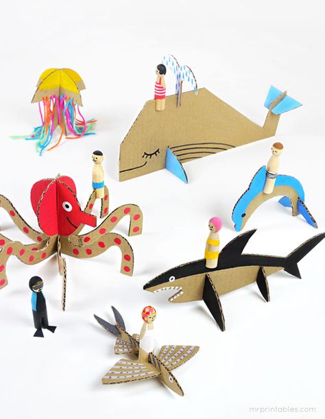 hello, Wonderful - CARDBOARD SEA CREATURES WITH FREE PRINTABLES Mr Printables, Cardboard Animals, Paper Toy, Cardboard Art, Paper Animals, Crafty Kids, Peg Doll, Diy Cardboard, Printable Crafts