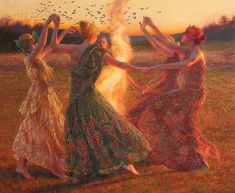 Kindred Spirits -  Eve of St. John (Adrienne Stein), oil on canvas, 2013. Dancing Around A Fire, Sacred Woman, Women Dancing, 동화 삽화, Sacred Circle, Three Women, Sacred Feminine, Artist Portfolio, Beltane