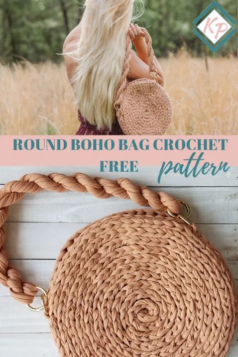 Free crochet round boho bag pattern - tshirt yarn and crochet patterns Boho Bag Pattern Free, Boho Bag Crochet, Boho Bag Pattern, Purse Patterns Free, Tote Crochet, Tshirt Yarn, Free Crochet Bag, Crochet T Shirts, Crochet Bag Pattern Free