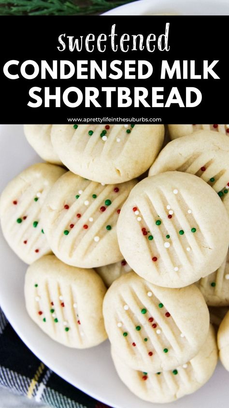 These Sweetened Condensed Milk Shortbread Cookies are soft, buttery and lightly sweet. Everything you want in a shortbread cookie. This simple recipe is perfect for the holiday season. Cookie Recipes Condensed Milk, Unsweetened Condensed Milk, Condensed Milk Cookies, Sweet Condensed Milk, Shortbread Biscuits, Shortbread Cookie Recipe, Eat Cookies, Shortbread Recipes, Pretty Life