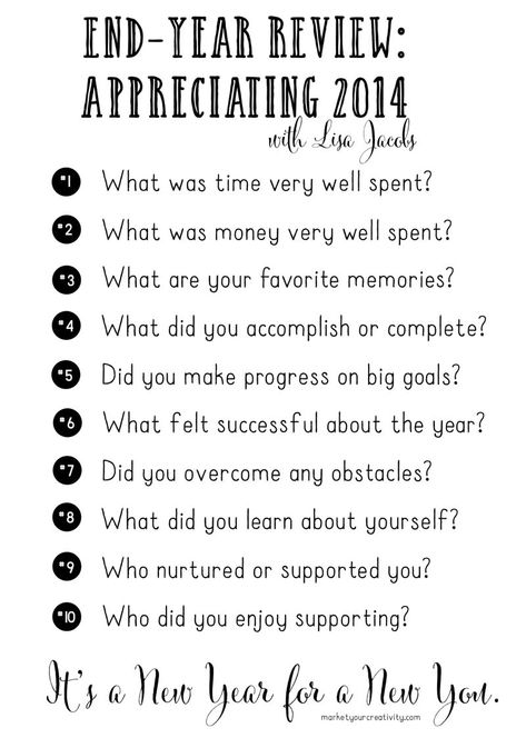 Ten questions for your end-year review | marketyourcreativity.com Year In Review Questions, Year End Reflection, New Year's Eve Activities, Year Review, Annual Review, Reflection Questions, New Year Goals, New Year New You, Todo List