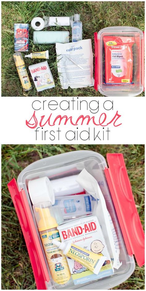 Be totally prepared for whatever the summer may bring you with a Summer First Aid Kit! First Aid Kit Band, First Aid Kit Checklist, Car Camping Organization, Diy First Aid Kit, Car Organization Diy, Camping First Aid Kit, Emergency Preparedness Kit, Camping Organization, Emergency Preparation